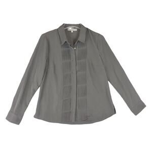 DANIEL RAINN Front Pleats Gray Button Up Blouse Petite Small, Faux Silk Long Slv